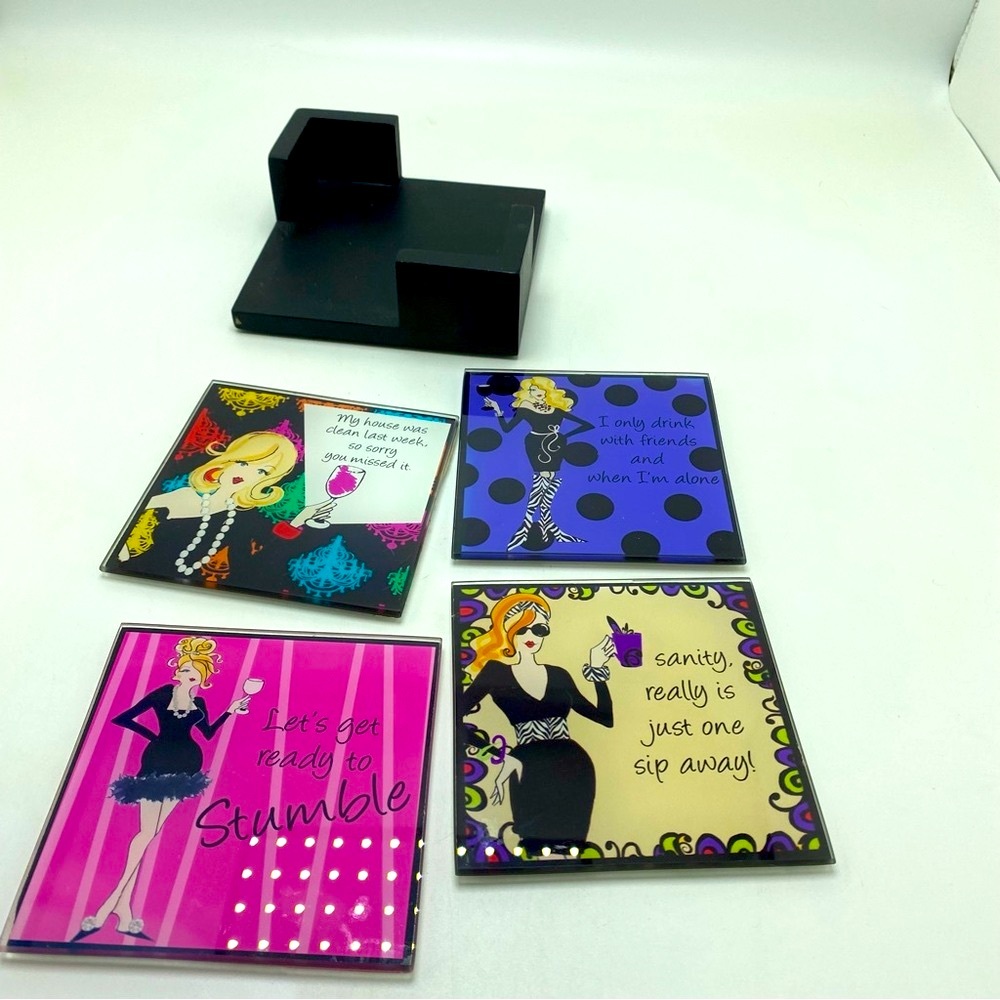 Jay Companies Fashonista Glass Humorous Coasters Set of 4 W Wooden Holder